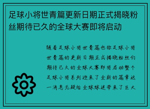 足球小将世青篇更新日期正式揭晓粉丝期待已久的全球大赛即将启动